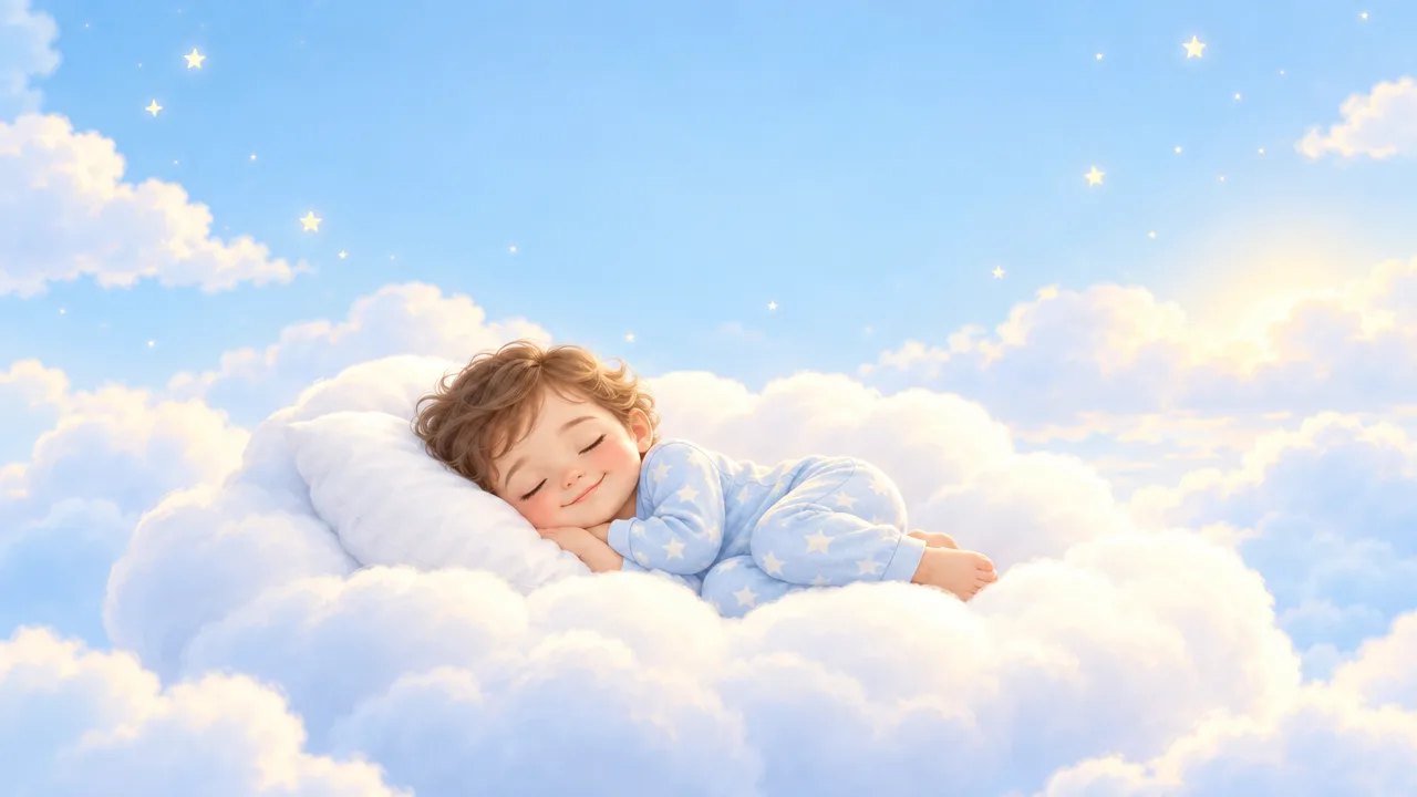 Bambino che dorme sereno su una nuvola